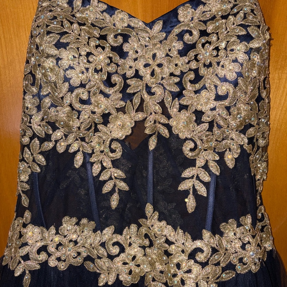 Blondie Nites Navy and Gold Strapless Prom Dress